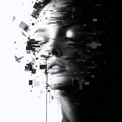 The primary subject of the image is a woman's face, which is the main focus of the image. The setting is a black background, which creates a dramatic and artistic effect. The visual style is a combination of digital art and illustration, as the face is depicted in a stylized and detailed manner. The colors and mood of the image are predominantly dark and moody, with the woman's face being the only prominent feature in the scene.